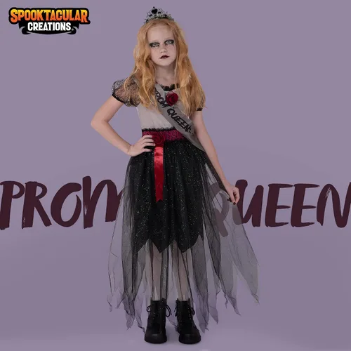 Vista 2 de Spooktacular Creations Disfraz de reina de graduación oscuro para niña disfraz de zombi para niña mala disfraz de reina de baile gótico para niños