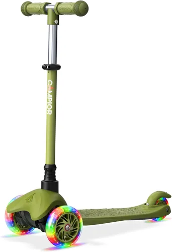 Vista 22 de Mini scooter negro de 3 ruedas para niños, inclinado para dirigir con ruedas con luces LED, manubrio ajustable, cubierta antideslizante ancha