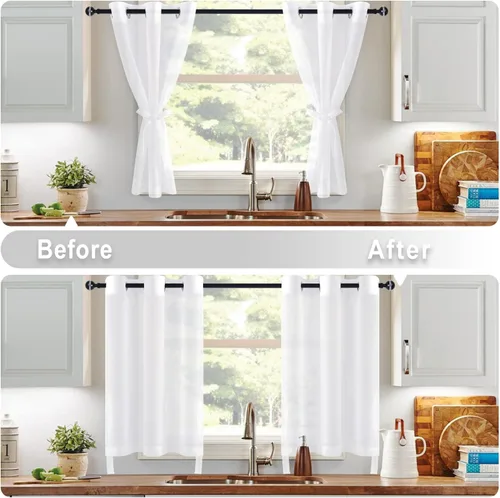 Vista 7 de Hiasan - Cortinas traslúcidas de gasa cortas semitransparentes con ojales y alzapaños filtrantes de luz para ventana, dormitorio, baño, 2 paneles