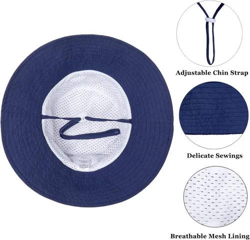 Vista 4 de Sombrero de sol para bebé de verano UPF 50+, sombrero de pescador de ala ancha, sombreros de playa para bebés niños y niñas de 0 a 6 años