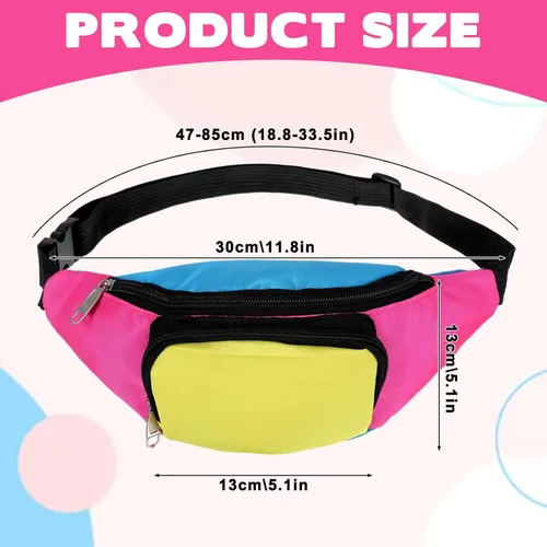Vista 2 de Riñonera retro neón de los años 80 con 2 bolsillos, manos libres, pequeñas bolsas para cinturón para mujeres y hombres, viajes, fiesta de Halloween
