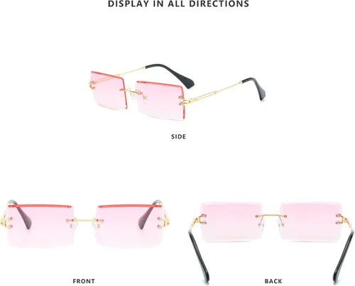 Vista 4 de LASPOR Gafas de sol rectangulares sin montura retro para mujeres y hombres lentes teñidas de metal dorado sin marco gafas cuadradas vintage