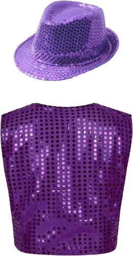 Vista 2 de easyforever Chaleco de baile callejero hip-hop con lentejuelas para niños y niñas, chaleco con sombrero, disfraz de fiesta de rendimiento