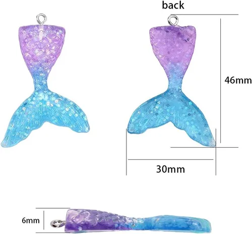 Vista 6 de SUNNYCLUE 40 dijes de cola de sirena de resina con parte trasera plana con polvo de purpurina para verano con cola de pez de océano para hacer