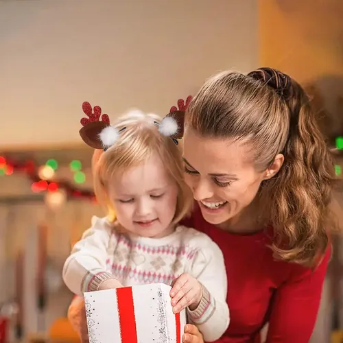 Vista 5 de Lindos accesorios de Navidad para el cabello, 2 pares de cuernos de reno, orejas de clip para el cabello, horquilla para tocado para fiesta