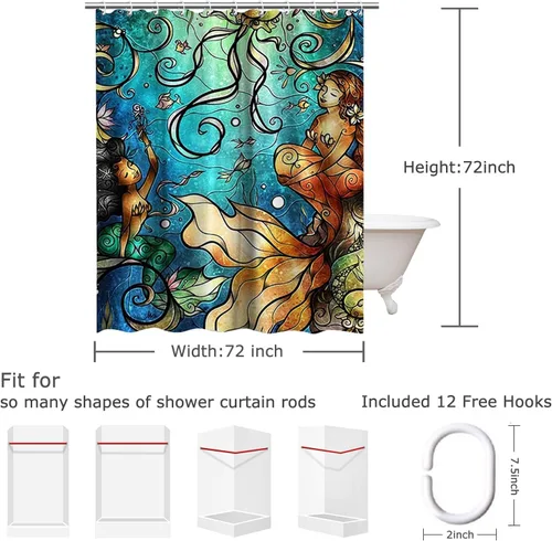 Vista 5 de LIVILAN Cortina de ducha de sirena, juego de cortinas de baño de tela de medusa con ganchos, animales marinos del océano, decoración de baño