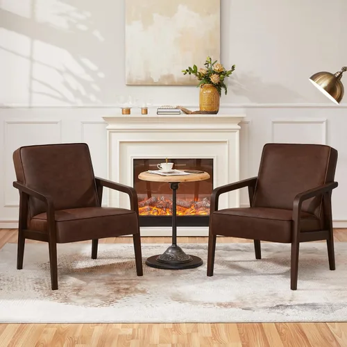 Vista 13 de Yaheetech Silla decorativa, silla de lectura de piel sintética, silla moderna de mediados de siglo con marco de madera maciza para sala de estar