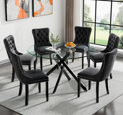 Vista 33 de Juego de mesa de comedor SSLine moderno de 3 piezas con mesa redonda de vidrio para 2, lujosa mesa de comedor circular de 36" con tapa de vidrio