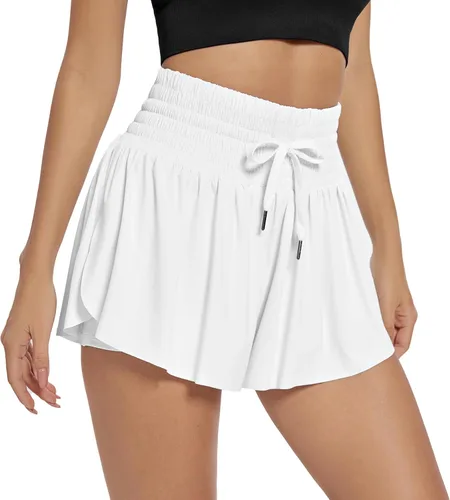 Vista 7 de Blaosn - Pantalones cortos deportivos fluidos para mujer, para entrenamiento, correr, gimnasio, yoga, cintura alta con bolsillos, ropa casual
