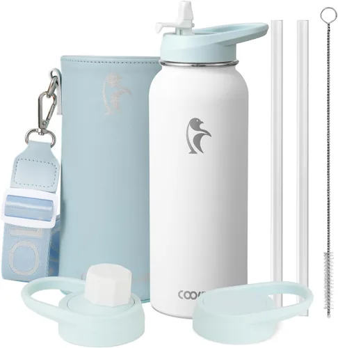 Vista 12 de Coolflask Botella de agua de 64 onzas aislada con funda de cuero PU, botella de agua de medio galón con contraste de color y tapa con popote, jarra