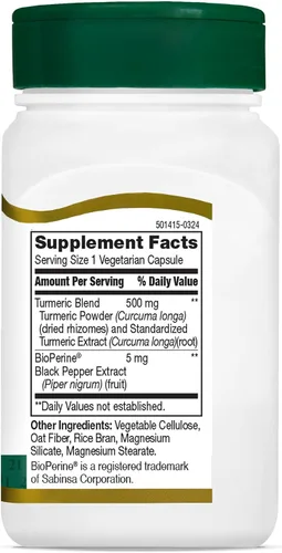 Vista 6 de 21st Century Cúrcuma 500 mg más extracto de pimienta negra cápsulas vegetarianas, 60