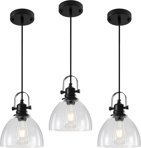 Vista 18 de Luces Colgantes de Vidrio para Isla de Cocina, 7.5 pulgadas Luces Colgantes de Vidrio Dorado 1-Paquete, Lámpara Colgante Moderna con Pantalla