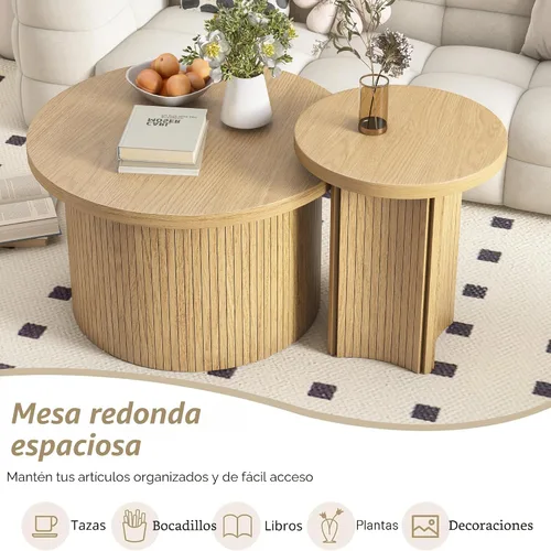 Vista 5 de Mxtxmy Juego de 2 Mesas de Café Anidadas de Estilo Granja, Mesa de Café Redonda para Sala de Estar, Juego de Mesas de Café con Acabado de Madera
