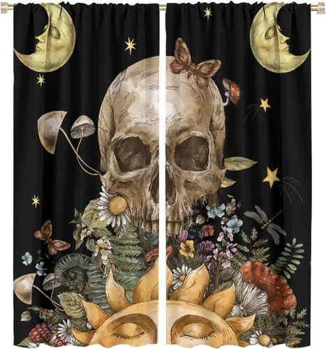 Vista 24 de Cortinas góticas de bosque de cuervos, para Halloween, espeluznante, negro, cuervo negro, alas oscuras, suspenso, bolsillo para barra, cortinas