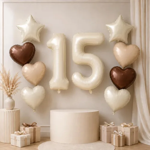 Vista 28 de Decoración de Globos Número 10 de 40 Pulgadas, Globos de Corazón Neutro de Papel de Aluminio Crema Retro Albaricoque Marrón con Globo de Helio