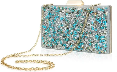 Vista 2 de Bolso de mano brillante para mujer, elegante, con purpurina, para boda, fiesta, graduación, color azul, Azul