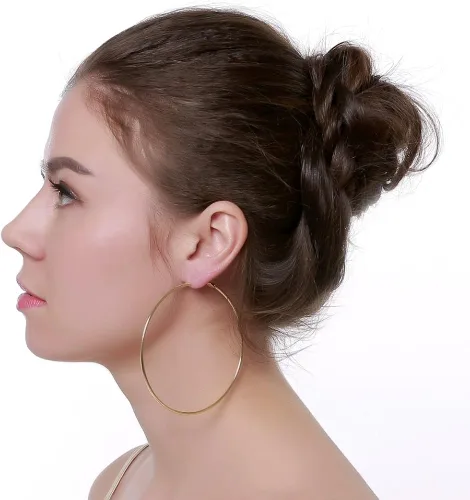 Vista 2 de Aretes de aro chapados en oro amarillo de 14 quilates de 3.543 in para mujeres y niñas, orejas sensibles, delicados aros redondos de acero