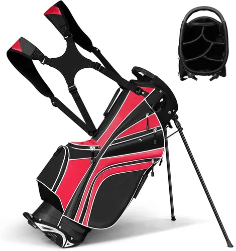 Vista 10 de Bolsa de golf Tangkula con 6 divisores superiores, bolsa de golf ligera con doble correa ajustable y 8 bolsillos, capucha impermeable para lluvia