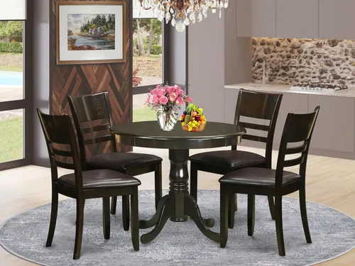 Vista 2 de East West Furniture ANLY5-CAP-LC - Juego de mesa y sillas de cocina de 5 piezas, incluye una mesa de comedor redonda con pedestal y 4 sillas
