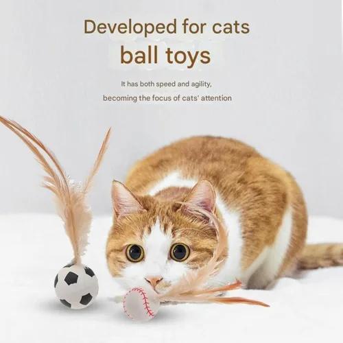 Vista 5 de Juguetes interactivos de bolas de plumas para gatos, nuevas bolas elásticas para gatos de interior, juguetes de ejercicio rodantes con plumas