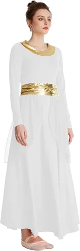 Vista 5 de MYRISAM Mujeres Alabanza Bata de Baile Culto Litúrgico Cintura Metálico Vestido de Manga Larga Falda de Gasa Traje Lírico