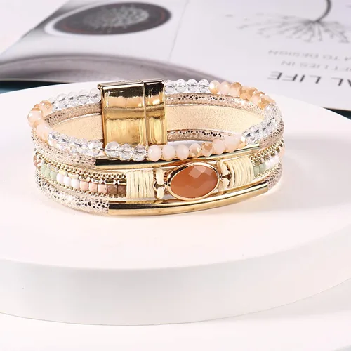 Vista 5 de FANCY SHINY- Pulseras de cuero de la envoltura de cuentas de cristal de la pulsera Boho Cuff piedra, dije, pulseras con cierre magnético de joyería