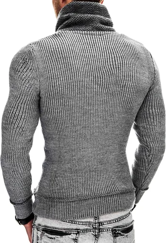 Vista 4 de COOFANDY Suéter de punto de cuello alto para hombre, cuello de chal, ajuste delgado, cuello alto con bolsillos