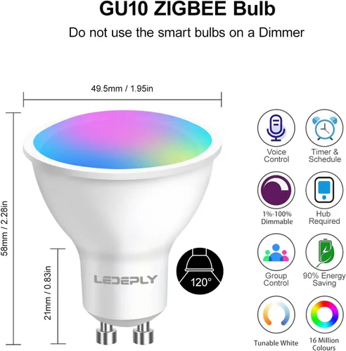 Vista 6 de Zigbee - Bombillas inteligentes GU10, compatibles con Hu*e*, Alexa y Google y ConBee (requiere concentrador), 5 W (50 W), bombilla LED WiFi