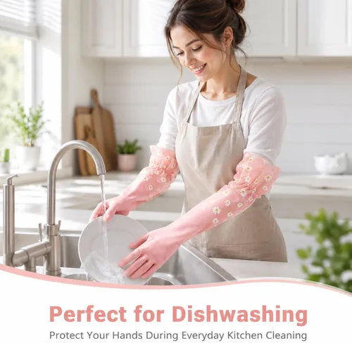 Vista 6 de Dishwashing Cleaning Gloves Waterproof Tear-Resistant Household Rubber Cleaning Gloves with Long Elastic Cuffs
