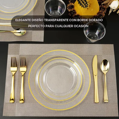 Vista 6 de FOCUSLINE 100 platos de plástico transparente y dorado de 10 pulgadas, platos transparentes desechables resistentes con borde dorado, plato