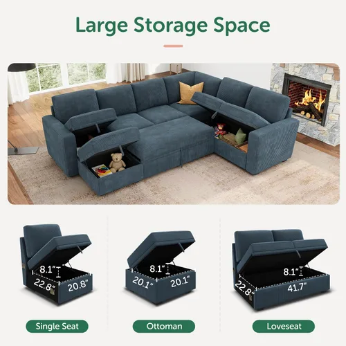 Vista 3 de HONBAY Sofá cama modular, sofá cama modular de pana extraíble con almacenamiento, sofás seccionales en forma de U para sala de estar, color azul