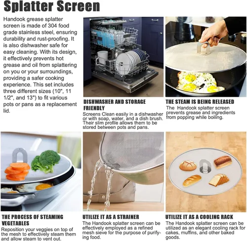Vista 6 de Pantalla contra salpicaduras para cocinar, protector de salpicaduras de grasa de acero inoxidable para sartén, sin desorden de aceite de cocina, sin
