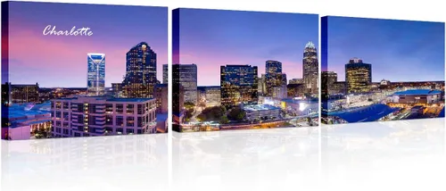 Vista 9 de TUMOVO 3 piezas de arte de pared en lienzo con diseño de horizonte de Atlanta, arte de pared panorámico de paisaje urbano en blanco y negro