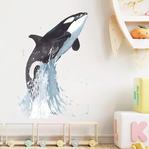 Vista 2 de Calcomanía de pared con diseño de ballena asesina saltando fuera del agua, para guardería, orca, animales marinos, extraíble, despegar y pegar