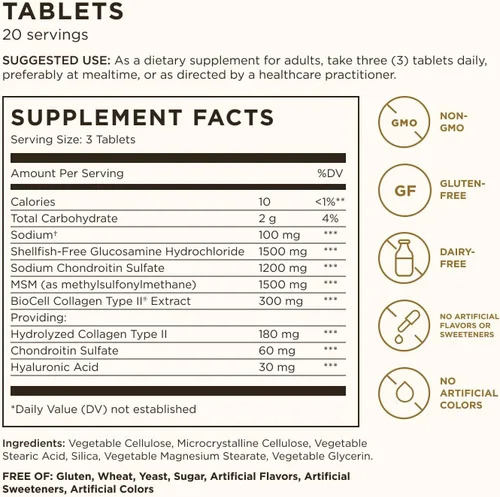 Vista 2 de Solgar tabletas de Glucosamina de ácido hialurónico condroitín sulfato MSM (sin ostras), SF0018977, 1, 1