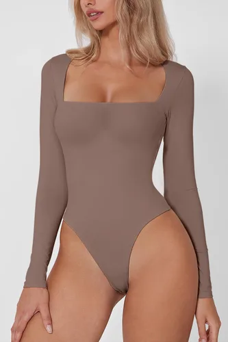 Vista 3 de QINSEN Body sexy de manga larga con cuello cuadrado para mujer