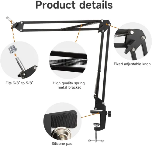 Vista 5 de Para Razer Seiren X Boom Arm, soporte de micrófono resistente con cubierta de espuma y adaptador, brazo de micrófono compatible con Blue Yeti