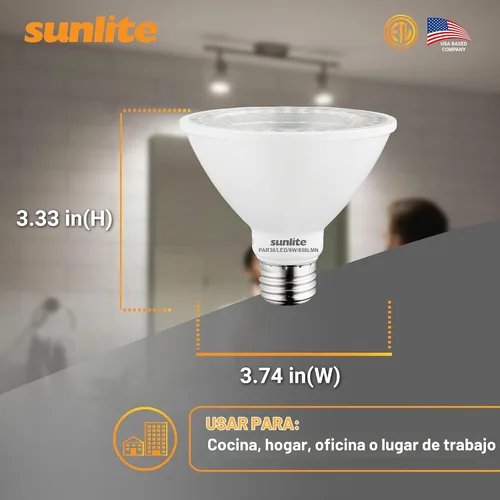 Vista 3 de Sunlite 40979-SU - Bombilla LED PAR30 de cuello corto, 9 vatios, (equivalente a 75 W), 750 lúmenes, base de tornillo medio (E26), regulable Blanco