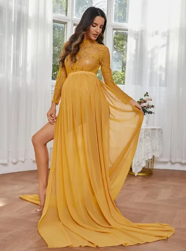 Vista 3 de ZIUMUDY Vestido de manga larga con encaje transparente para maternidad para fotografía con falda maxi de gasa para sesión de fotos