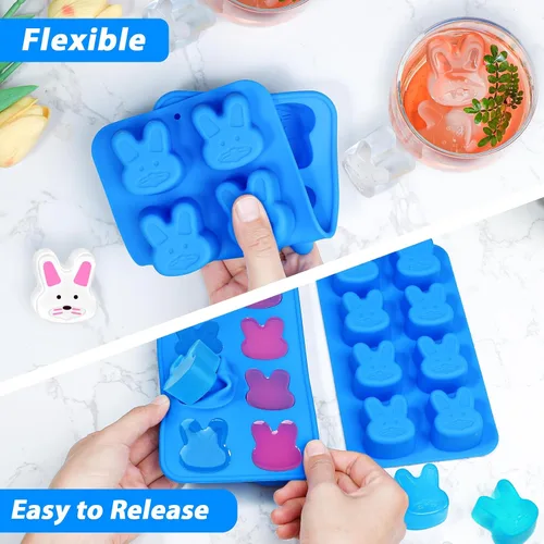 Vista 4 de Webake Moldes para cubitos de hielo de conejo de Pascua, moldes de silicona de conejo de 8 cavidades para chocolate, dulces, cubitos de hielo