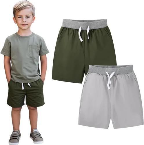 Vista 8 de HILEELANG Pantalones cortos chinos de verano para niños pequeños, de algodón, elásticos, con cordón, para uniforme escolar, 2 unidades 2401#bluekhaki