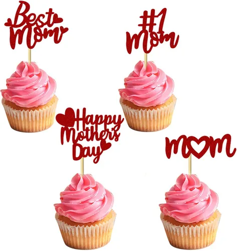 Vista 7 de Decoración para cupcakes para el Día de la Madre, 24 piezas con purpurina para fiesta de cumpleaños, suministros de cartón y bambú de primera calidad