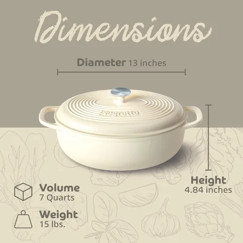 Vista 2 de Segretto Cookware Horno holandés ovalado de hierro fundido esmaltado, 7 cuartos de galón blanco Bianco Perla (Off-White)