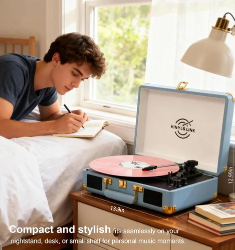 Vista 3 de VINYLSLINK Reproductor de discos de vinilo con Bluetooth, tocadiscos portátil de 3 velocidades con control de agudos y graves, altavoces estéreo