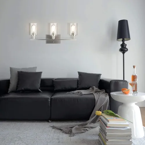 Vista 4 de Tangkula Lámparas de tocador de baño de 3 luces, apliques de pared modernos con pantalla de vidrio transparente con base E26, iluminación de pared
