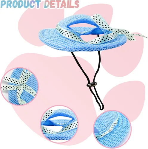 Vista 3 de Sombrero para perros extra pequeños para llevar cachorros con agujeros para las orejas y correa para la barbilla, sombrero de visera para perro Azul
