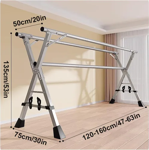 Vista 7 de 63 Inch Clothes Drying Rack，Drying Rack Clothing Foldable，Stainless Steel Garment Rack with Wheels, Space-Saving Laundry Drying Rack for Balcony