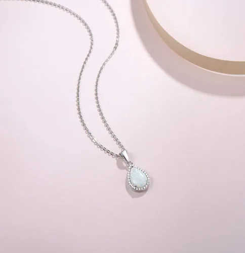 Vista 3 de FANCIME Aretes de plata de ley con ópalo blanco, piedra natal de octubre, ópalo de fuego, halo de gota de agua, forma de lágrima, aretes de ópalo