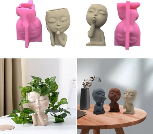 Vista 9 de Moldes de hormigón para macetas, 2 piezas de molde de silicona para macetas de figura de cabeza de niña pequeña, molde de silicona para decoración