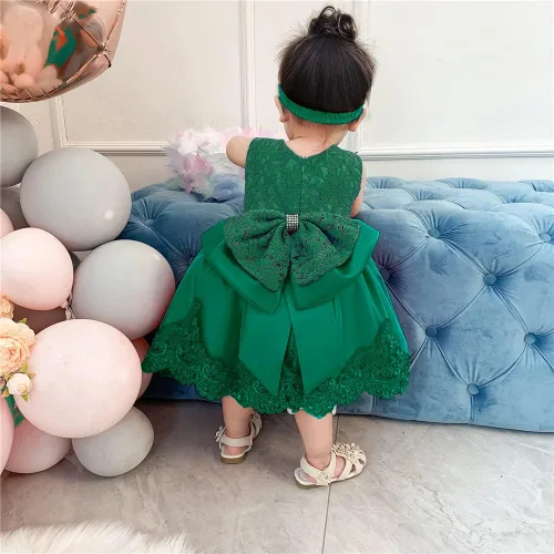 Vista 4 de Vestido tutú para niñas de 0 a 6 años, con lazo grande, para boda, Navidad, encaje, con diadema, Blanco